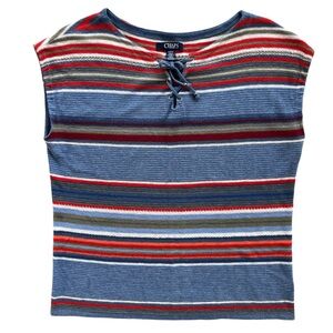 Chaps Denim Women S Blue Red Stripe Lace Up Detail Cap Sleeve Linen Blend Blouse